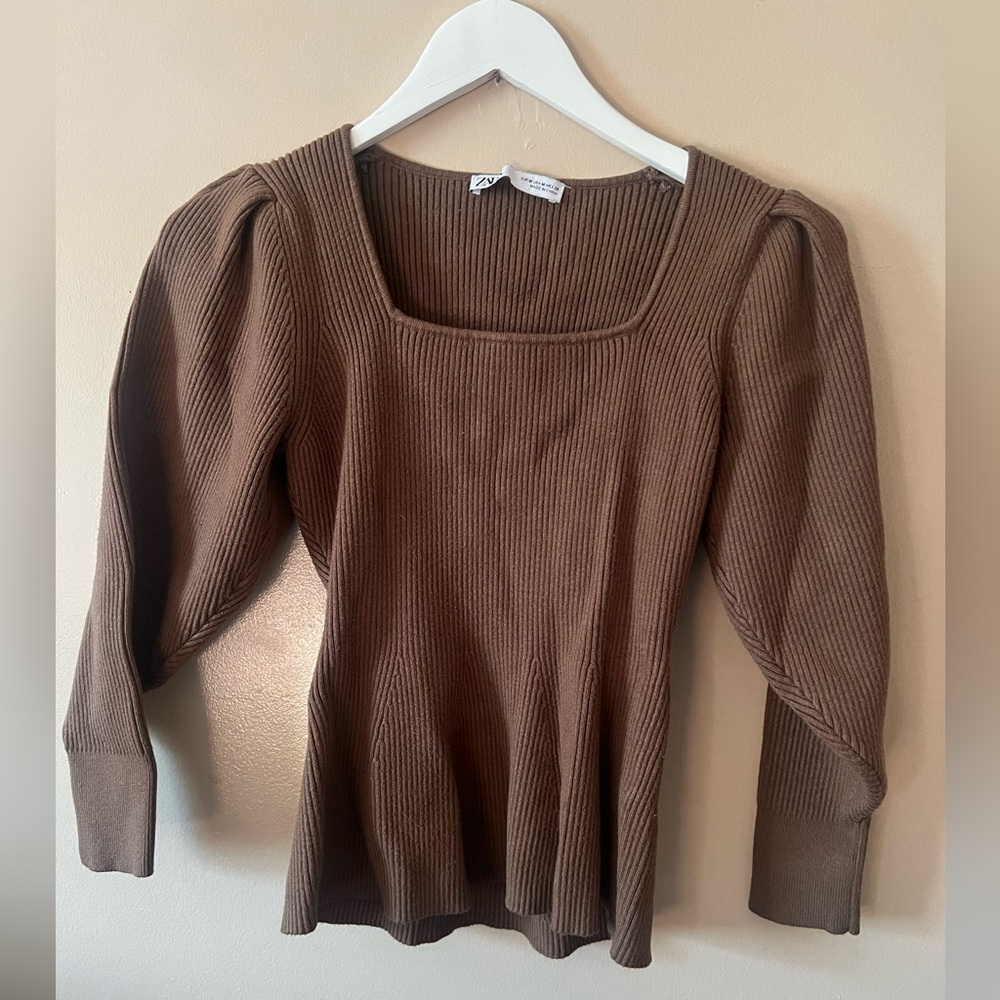 Zara brown square neck knit sweater top size medium fitted bohemian puff sleeve - Picture 4 of 14